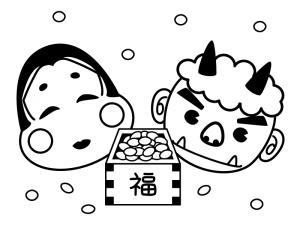 節分・お多福と鬼と豆の白黒イラスト