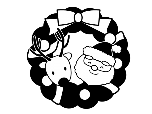 クリスマスリースとサンタとトナカイの白黒イラスト