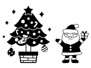 クリスマスツリーとサンタの白黒イラスト