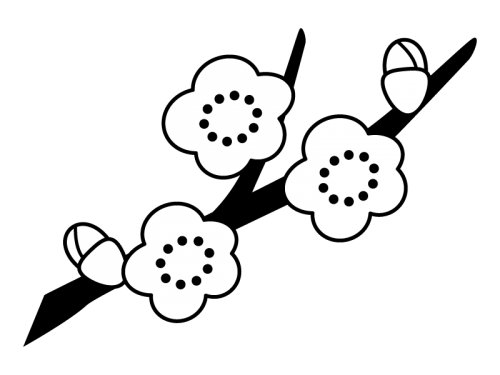 枝付きの梅の花の白黒イラスト | かわいい無料の白黒イラスト モノぽっと