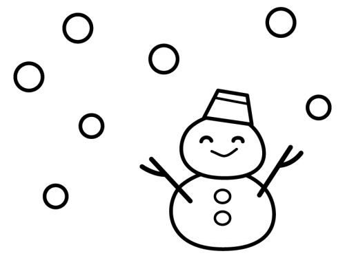 雪が降る中の雪だるまの白黒イラスト かわいい無料の白黒イラスト