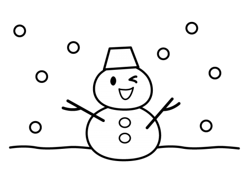 雪が降る中の雪だるまの白黒イラスト03 かわいい無料の白黒イラスト モノぽっと