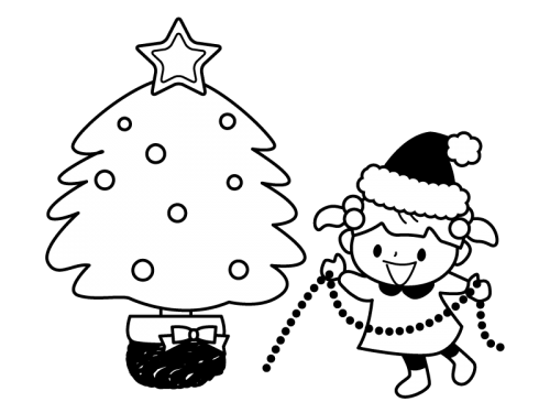 クリスマスツリーの飾りつけの白黒イラスト02
