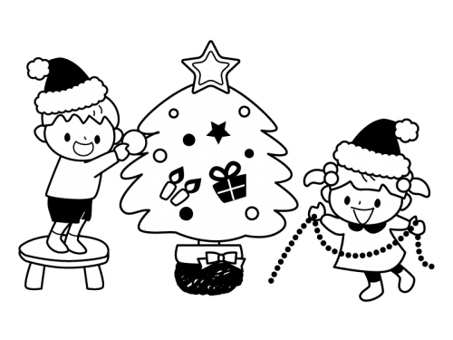 クリスマスツリーの飾りつけの白黒イラスト03
