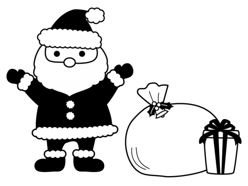 サンタクロースとプレゼント箱の白黒イラスト02