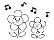 かわいい二輪の花と音符の白黒イラスト