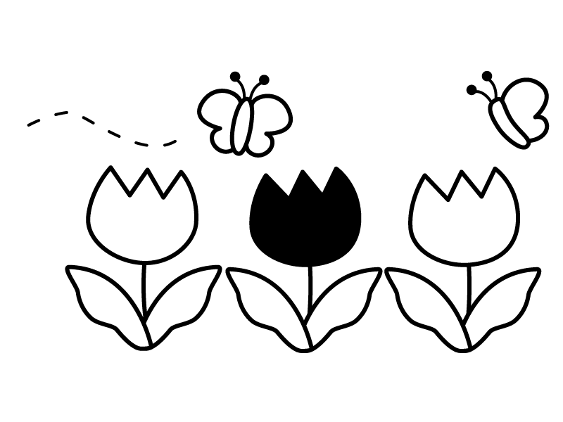 チューリップと蝶々の白黒イラスト | かわいい無料の白黒イラスト モノ