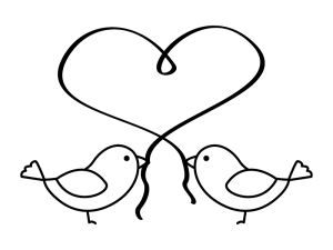 ハートのリボンと小鳥の白黒イラスト