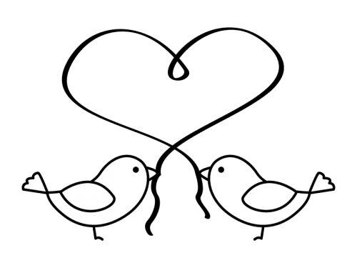 ハートのリボンと小鳥の白黒イラスト