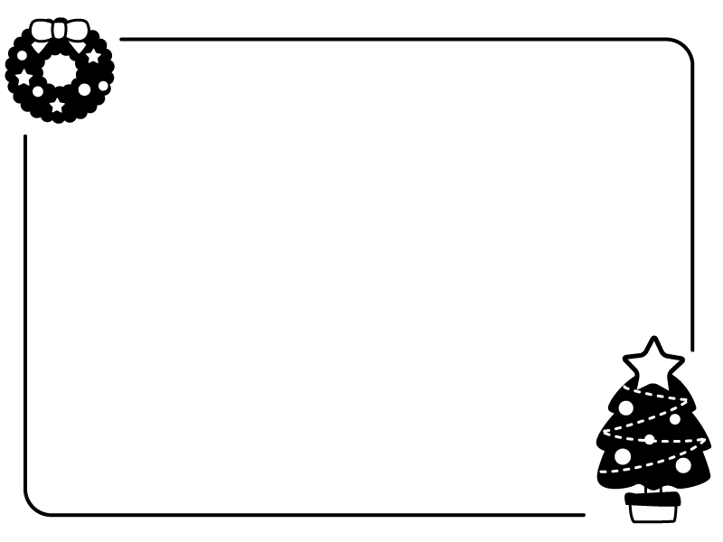 クリスマスツリーとリースのフレーム・枠の白黒イラスト | かわいい