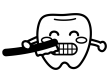 歯ブラシを持ったかわいい歯のキャラクターの白黒イラスト