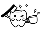歯ブラシとコップを持った歯のキャラクターの白黒イラスト