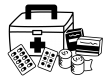 救急箱と薬などの白黒イラスト