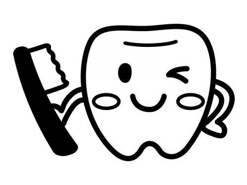 歯ブラシを持った歯のキャラクターの白黒イラスト