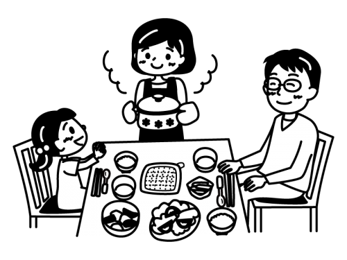 家族で食事をしている白黒イラスト