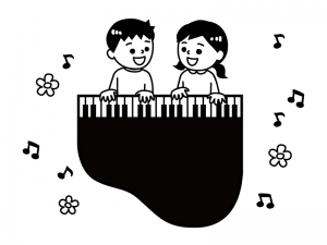 グランドピアノを弾く子供たちと音符の白黒イラスト