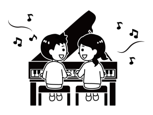 グランドピアノを弾く子供たちと音符の白黒イラスト02